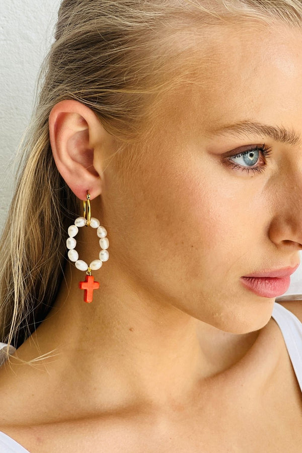 Drop pearl hoops with Red Coral Cross