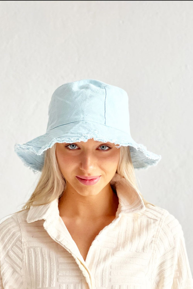 FRAYED BUCKET HAT - BABY BLUE – moskmelbourne